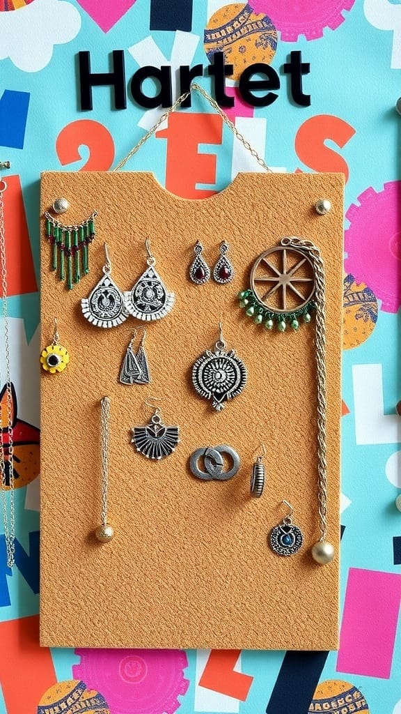 A corkboard jewelry organizer displaying various earrings and necklaces against a colorful background.