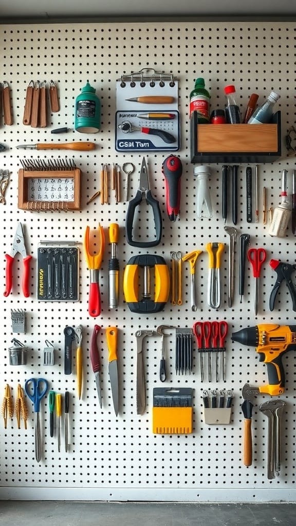 A pegboard filled with various office tools and supplies, showcasing an organized storage solution.