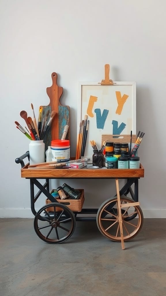 An art cart filled with various painting supplies, including brushes, paints, and a canvas.