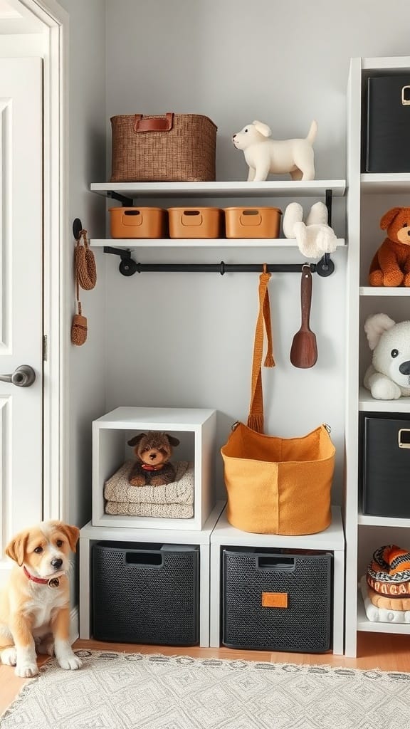 A cozy pet-friendly space with organized storage, featuring a puppy and various storage boxes.