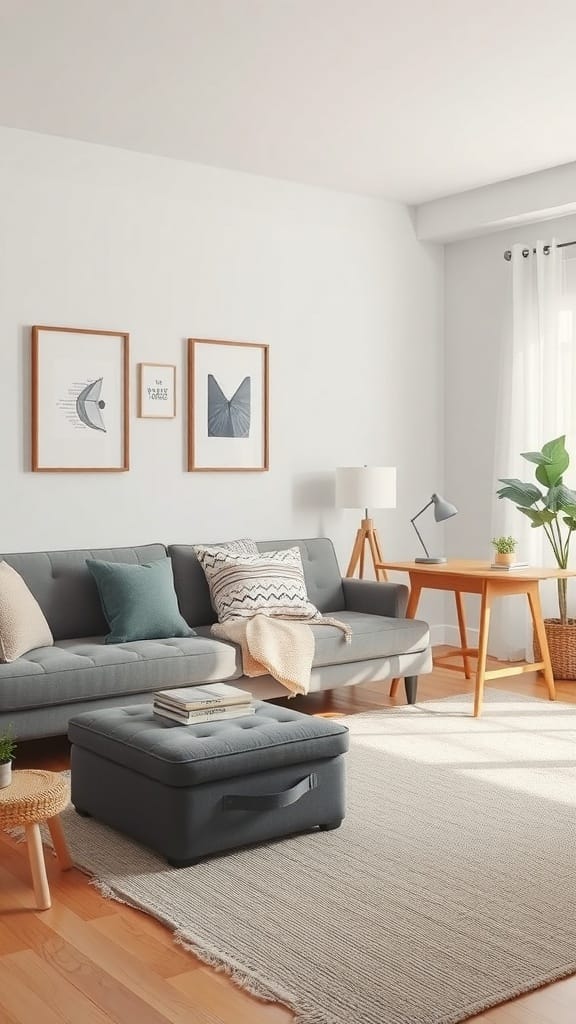 A cozy living room featuring a gray sofa, multi-functional ottoman, and light wood accents.