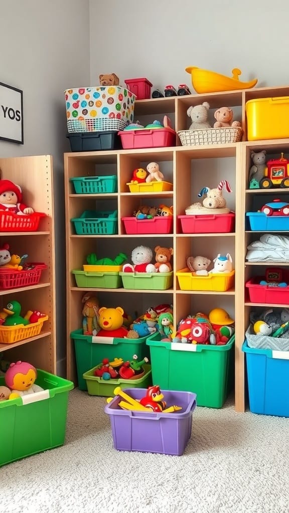 Dollar Store Organization Hacks That Actually Work: 23 Smart Storage Ideas 11 Colorful bins filled with toys organized on shelves