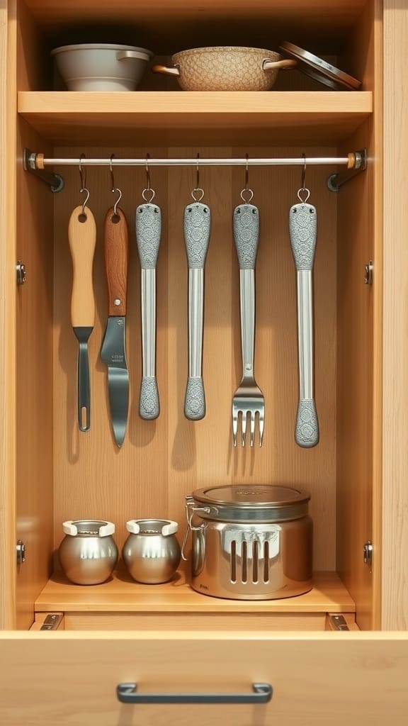 Dollar Store Organization Hacks That Actually Work: 23 Smart Storage Ideas 20 A wooden cabinet with a tension rod holding various kitchen utensils, including a knife, spatula, and fork.