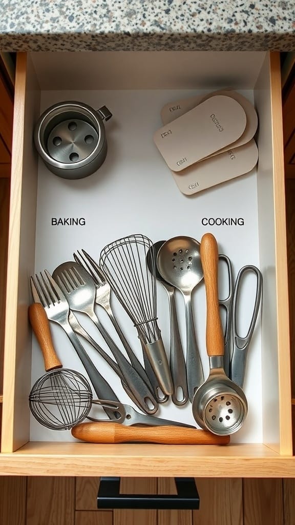 23 Brilliant Kitchen Drawer Organizing Ideas You Need to Try 20 A kitchen drawer organized into two sections labeled 'Baking' and 'Cooking', featuring various utensils.