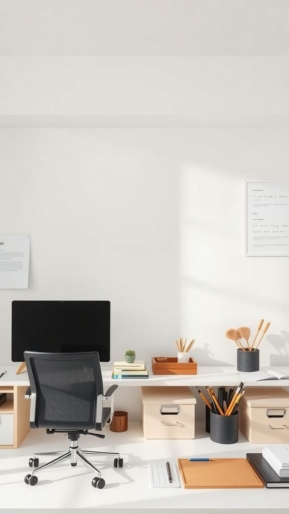A minimalist office workspace featuring a clean desk, a computer monitor, and organized office supplies.