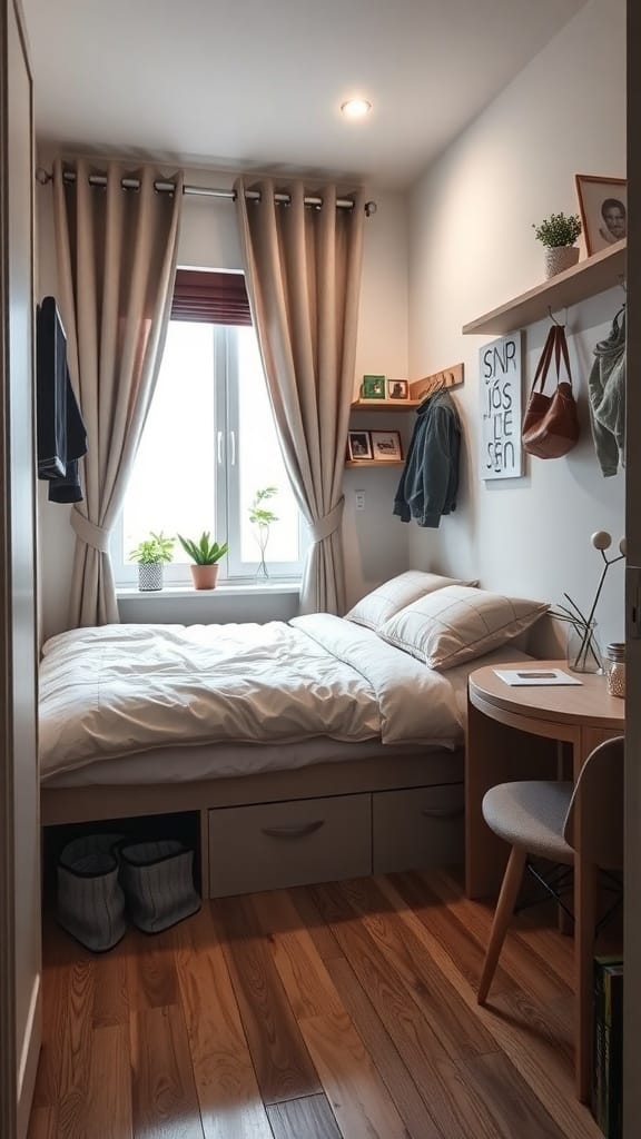 A small, organized bedroom with a bed, desk, and plants.