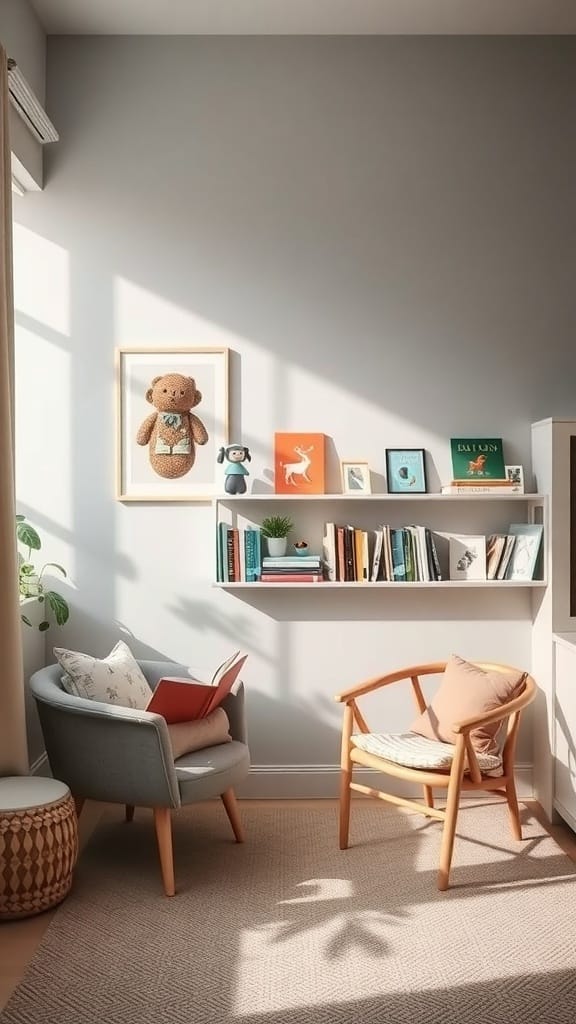 A cozy kid-friendly reading nook featuring a soft armchair, a side table, a wall-mounted shelf with books and decorations, and a warm atmosphere.