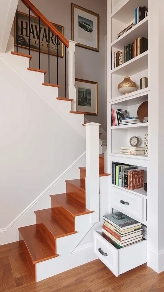 21 Clever Hidden Storage Ideas for a Clutter-Free Home 4 A staircase with built-in shelves and drawers for hidden storage.