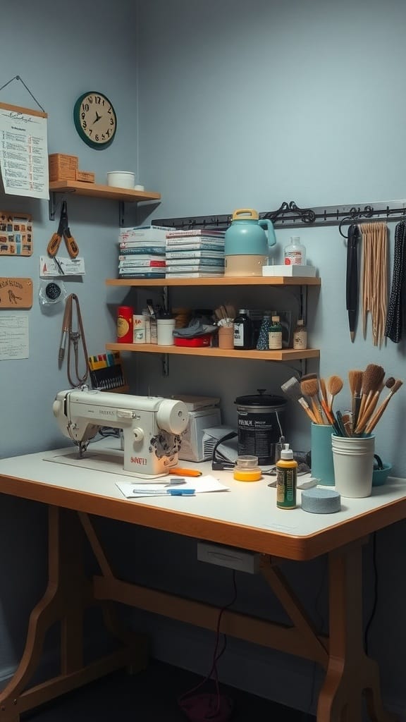 A sewing machine maintenance station with organized tools and supplies.