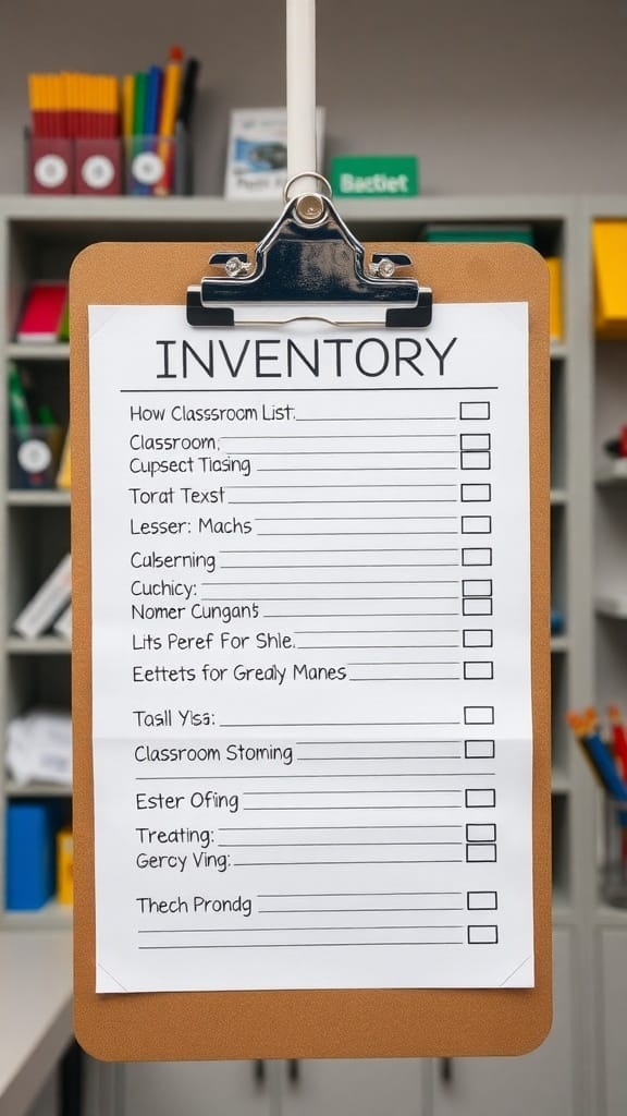 21 Creative Organization Ideas for Your School Office 11 A clipboard with an inventory list for classroom supplies.