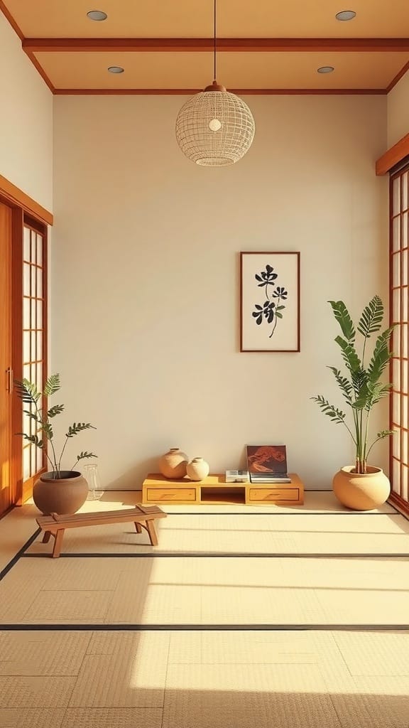 22 Creative Japanese Home Organization Ideas for a Clutter-Free Space 21 A serene Japanese-inspired room with plants, wooden furniture, and natural light.