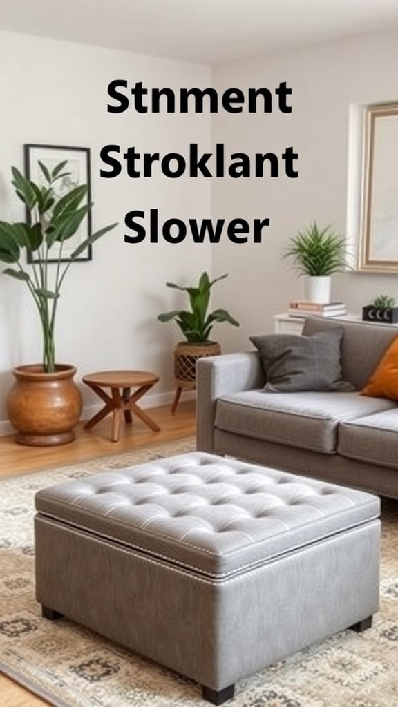 21 Genius Clutter Busting Hacks to Organize Your Home 10 A cozy living room with a gray ottoman that serves as storage, a comfortable sofa, and decorative plants.