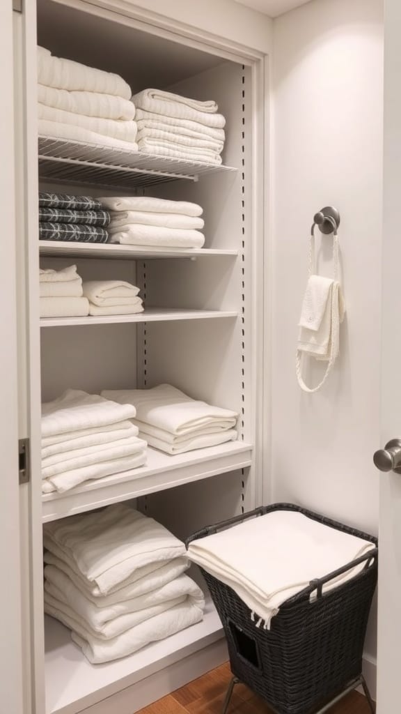21 Brilliant Linen Closet Organizing Ideas for a Clutter-Free Home 15 Organized linen closet with neatly folded towels and a folding station