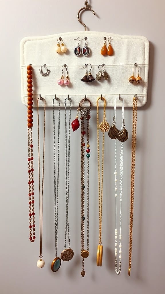 A hanging jewelry organizer displaying various earrings and necklaces.