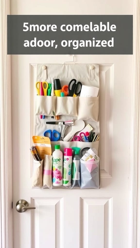 Dollar Store Organization Hacks That Actually Work: 23 Smart Storage Ideas 8 Shoe organizer filled with various supplies hanging on a door.