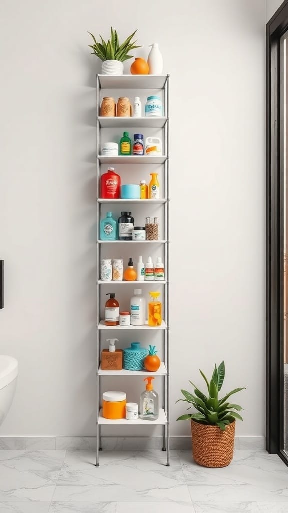 A tall, narrow shelving unit in a bathroom, displaying various toiletries and plants.