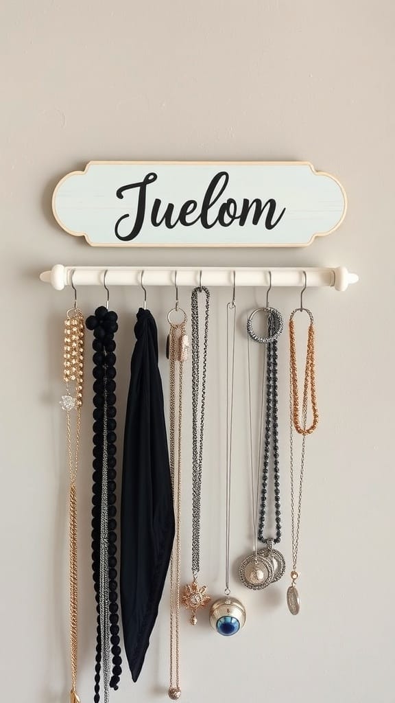 Personalized jewelry hanger with the name 'Juelom' and various jewelry items hanging