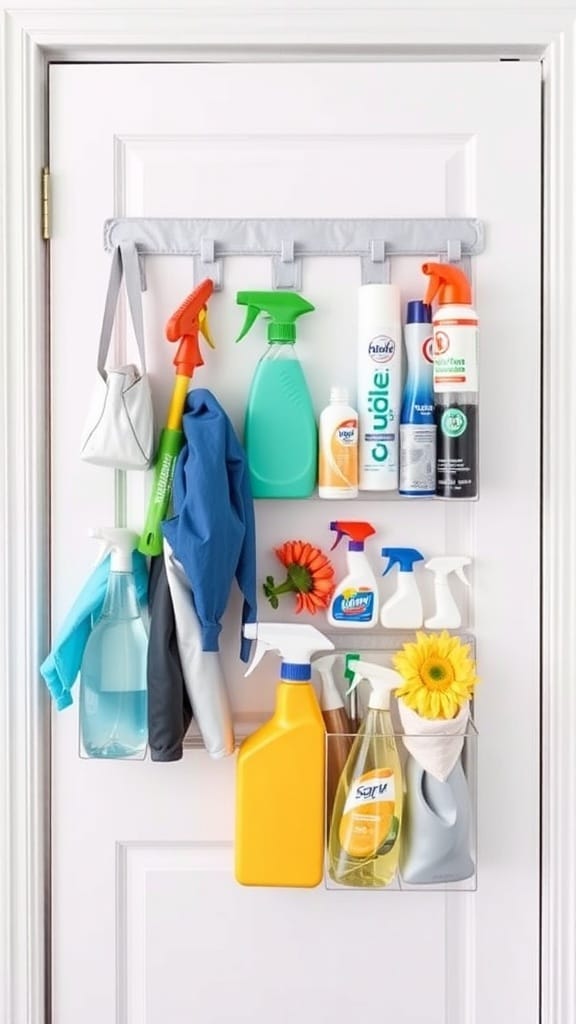Dollar Store Organization Hacks That Actually Work: 23 Smart Storage Ideas 23 An over-the-door organizer filled with cleaning supplies and accessories, showcasing a neat and colorful arrangement.
