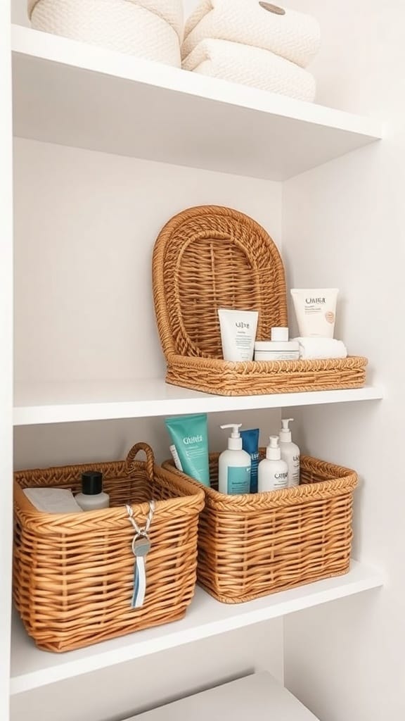 Neatly arranged woven baskets on bathroom shelves containing toiletries and towels.