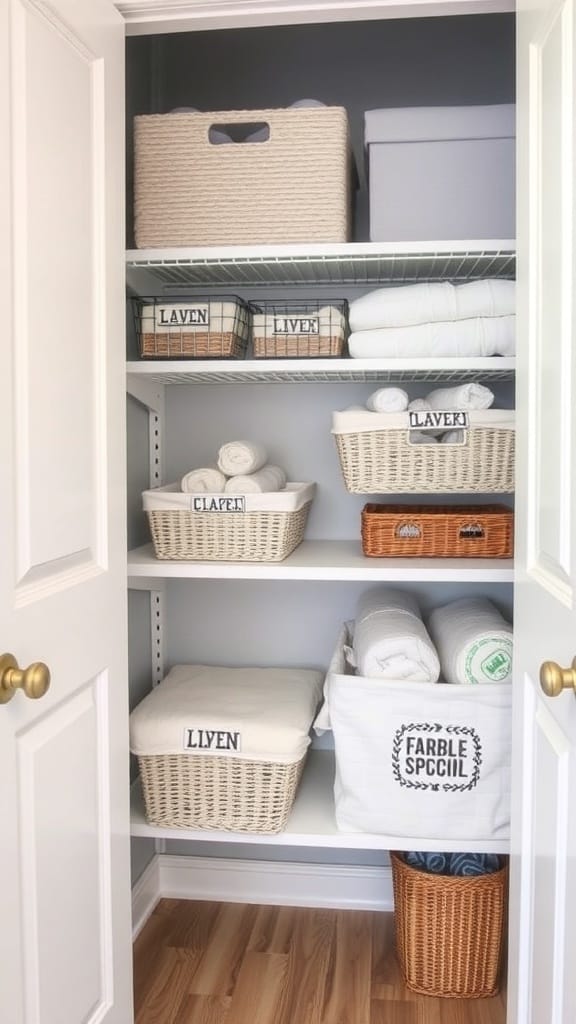 21 Brilliant Linen Closet Organizing Ideas for a Clutter-Free Home 6 Organized linen closet with labeled baskets and bins