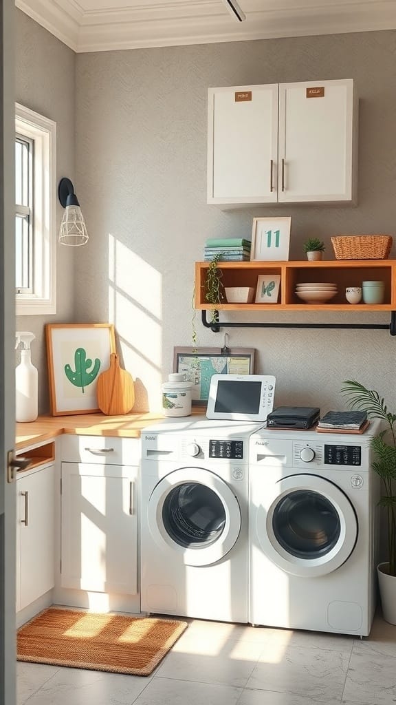 25 Creative Laundry Room Organizing Ideas to Maximize Space 14 A bright and organized laundry room with white cabinets, a wooden shelf, and modern appliances.