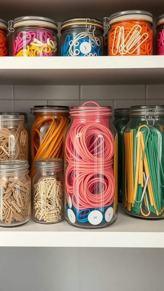 A shelf filled with jars containing colorful office supplies like rubber bands and paper clips.