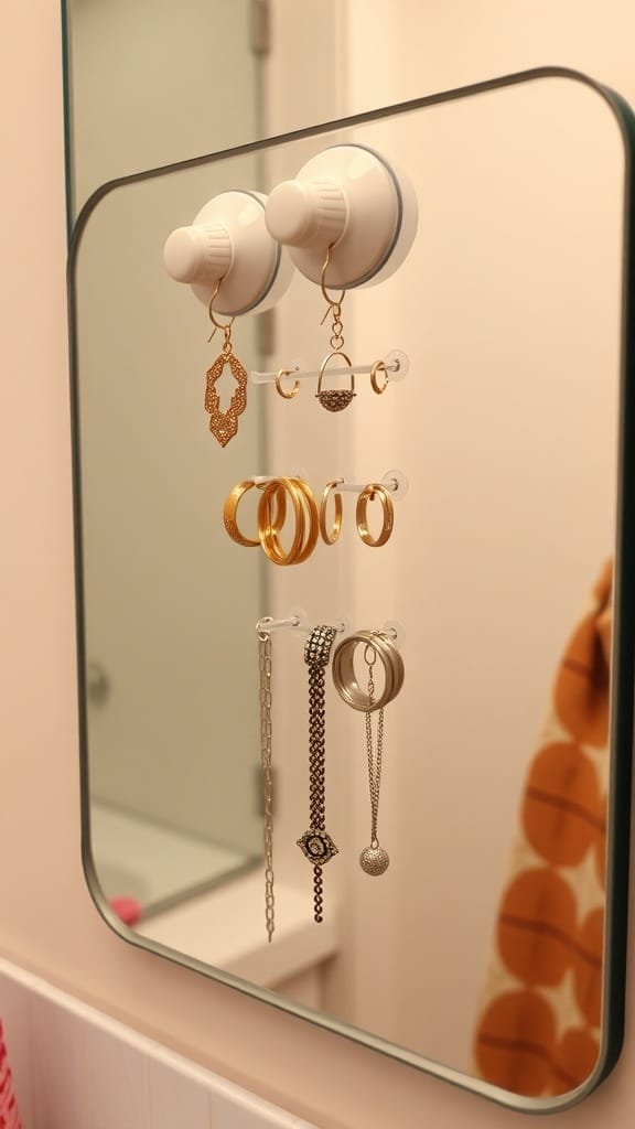 Suction cup jewelry holder displaying earrings and necklaces on a mirror.