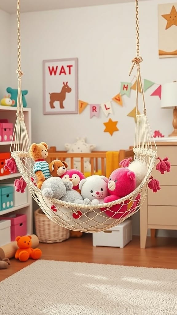 21 Creative Toy Storage Ideas for a Clutter-Free Playroom 14 A cozy toy hammock filled with colorful stuffed animals in a bright children's room.