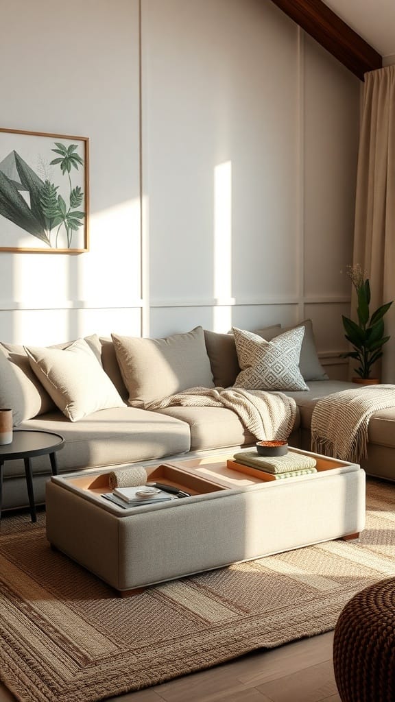 21 Clever Hidden Storage Ideas for a Clutter-Free Home 5 A cozy living room with a multi-functional ottoman that serves as storage, surrounded by a light-colored sofa and decorative pillows.