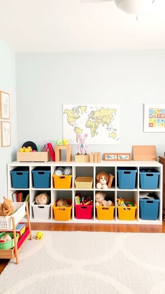 23 Clever and Affordable Organizing on a Budget Tips for a Tidy Home 21 A colorful and organized playroom with shelves filled with bins for children's toys.