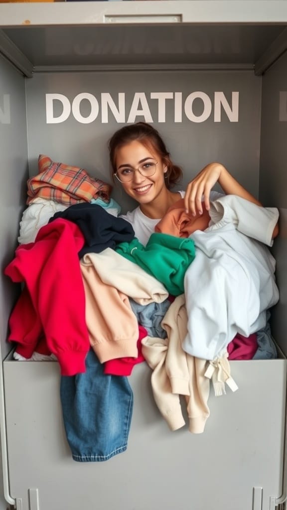 21 Genius Clutter Busting Hacks to Organize Your Home 6 A woman smiling while sitting in a donation box filled with clothes.