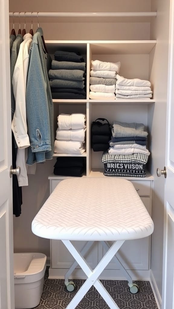 22 Genius Closet Organization Hacks You Need to Try 18 A well-organized closet with a folding station, featuring neatly stacked clothes and hanging garments.