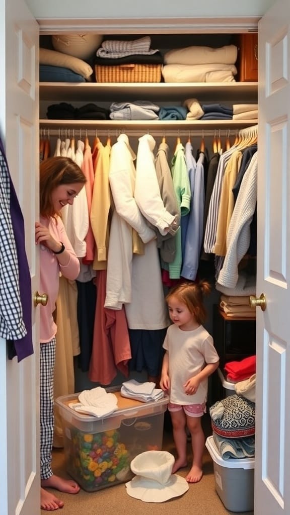 A mother and her daughter organizing a closet together, with clothes and storage bins visible.