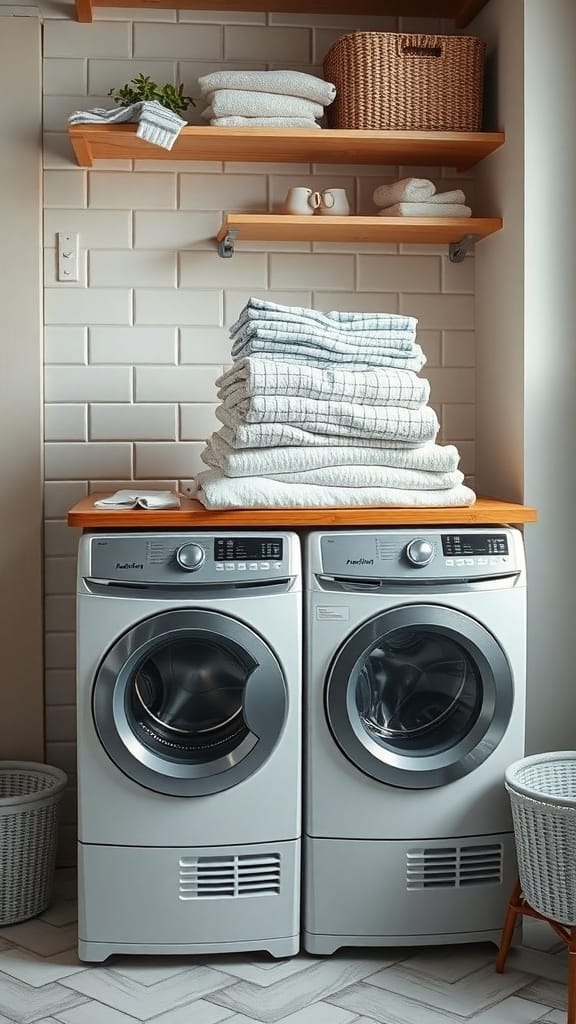 25 Creative Laundry Room Organizing Ideas to Maximize Space 4 A laundry room with a folding station, featuring neatly stacked towels and organized shelves.