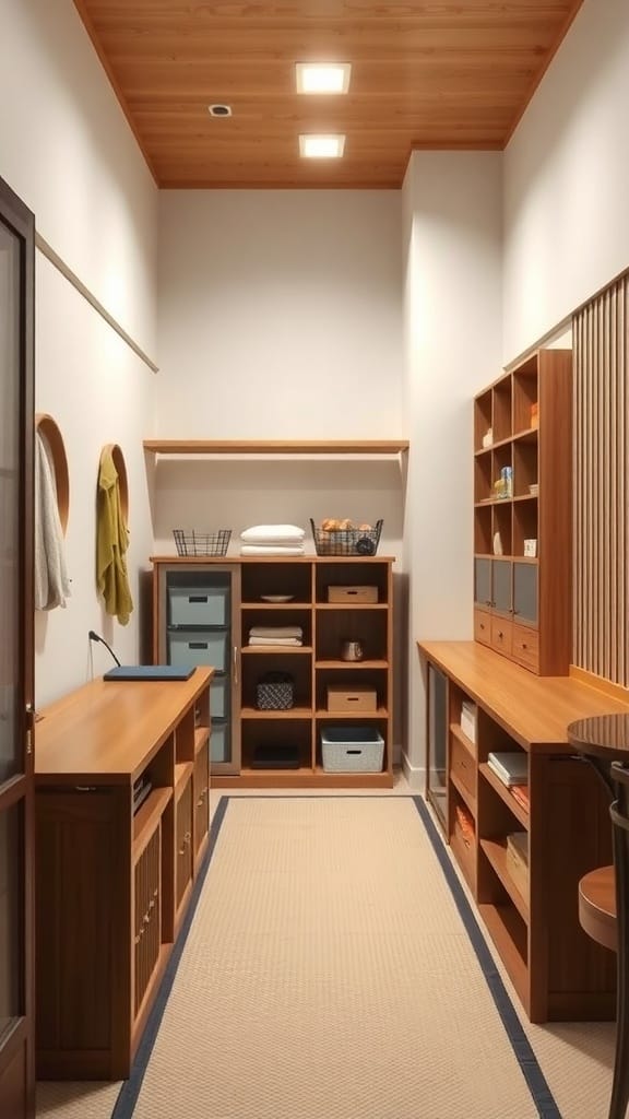 22 Creative Japanese Home Organization Ideas for a Clutter-Free Space 6 A minimalist storage space featuring wooden shelves, neatly organized items, and tatami mat flooring.