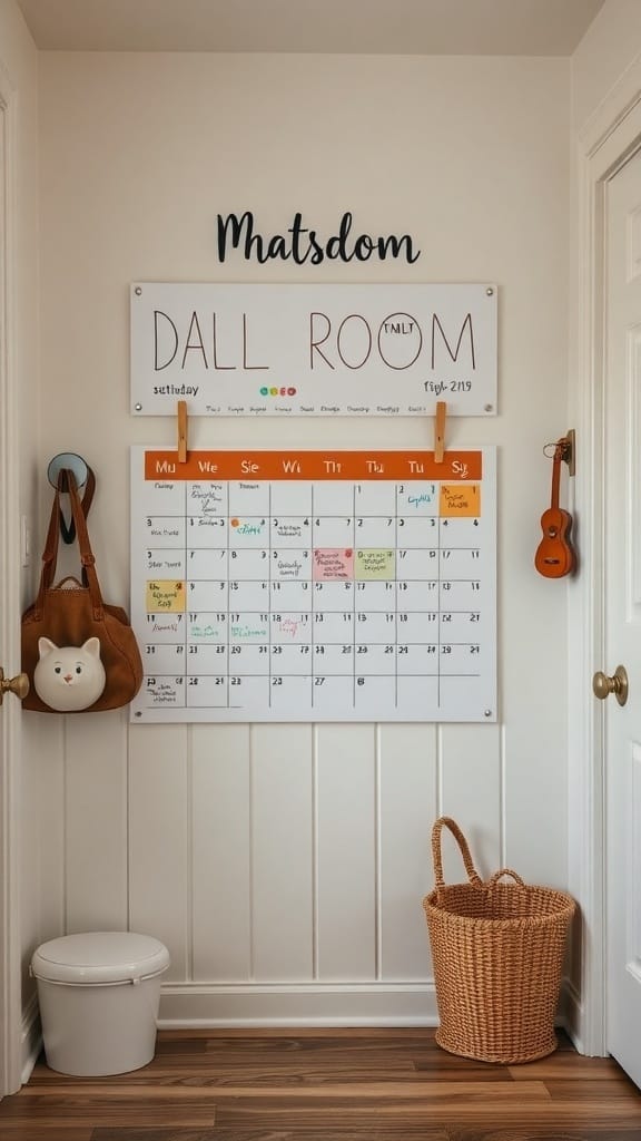 A family calendar wall featuring a large calendar, a decorative sign, and storage solutions like a bag and a basket.