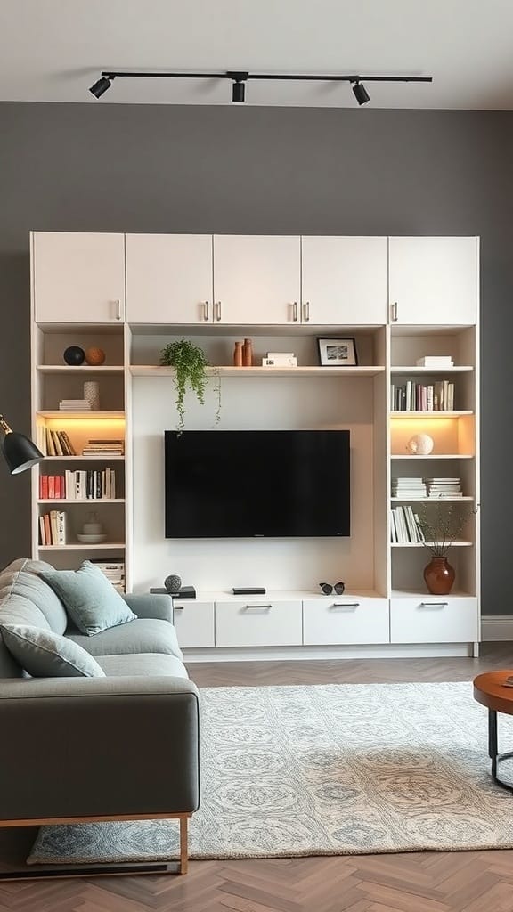 A modern IKEA wall unit with open shelves and closed cabinets, featuring a TV and decorative items, alongside a cozy seating area.