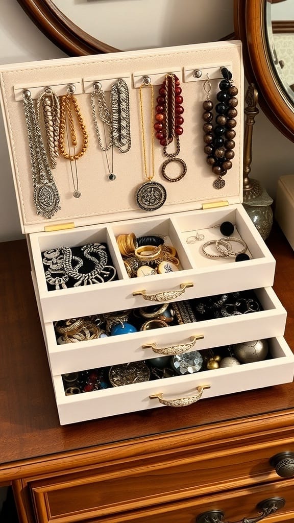 Jewelry organizer with drawers and hooks for necklaces