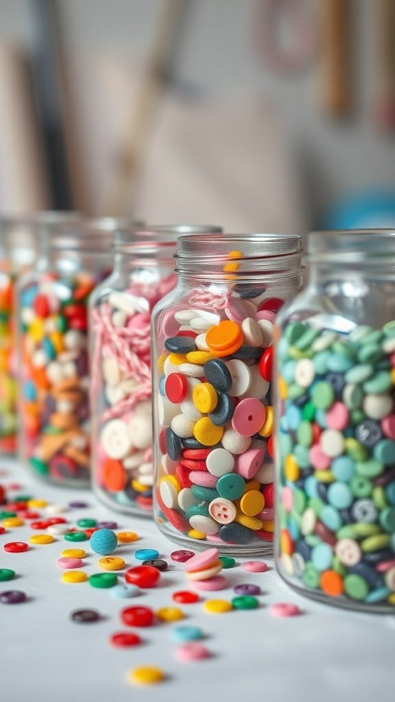 Colorful craft supply jars filled with buttons and beads, arranged on a table.