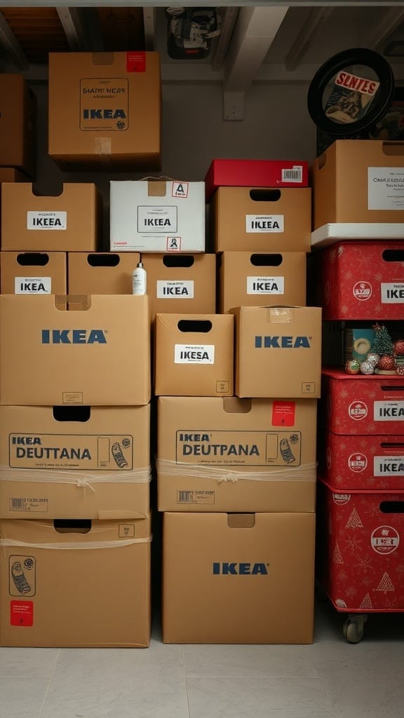 Stacked IKEA boxes for organizing seasonal decor
