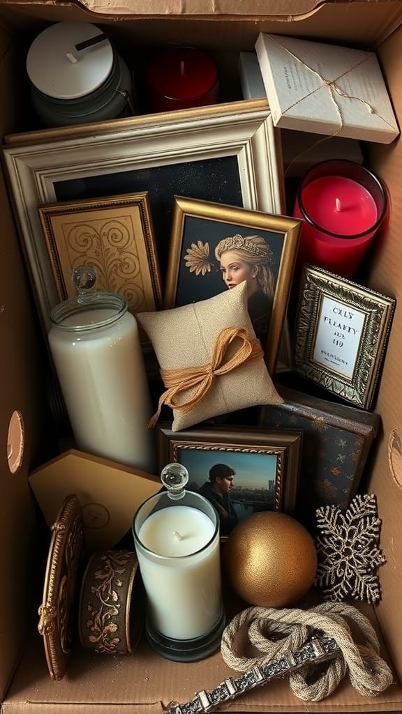 22 Things to Get Rid of for a Clutter-Free Home 23 A box filled with various unused gift items including candles, picture frames, and decorative objects.