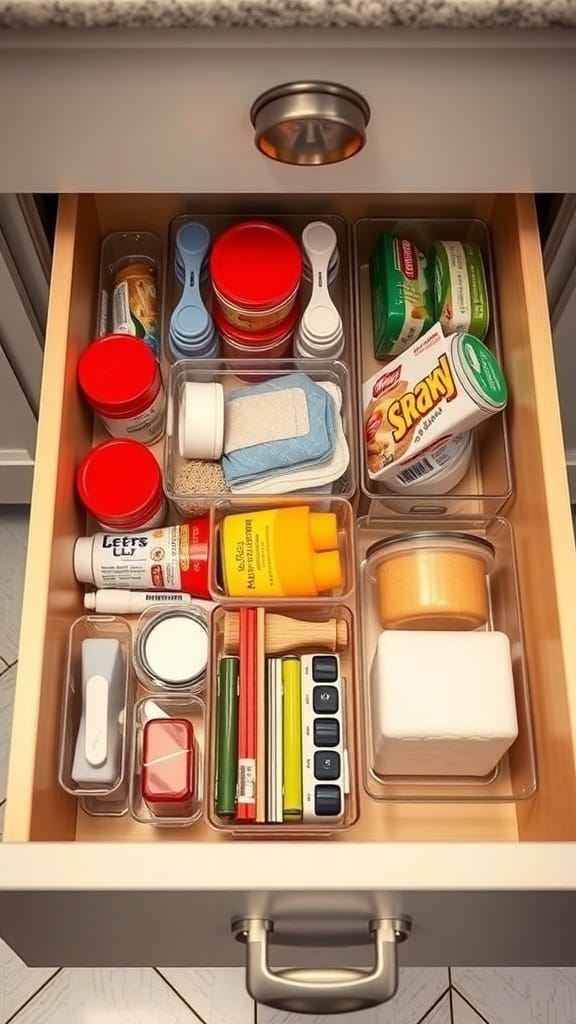 23 Brilliant Kitchen Drawer Organizing Ideas You Need to Try 11 Organized kitchen drawer with clear containers holding various items.