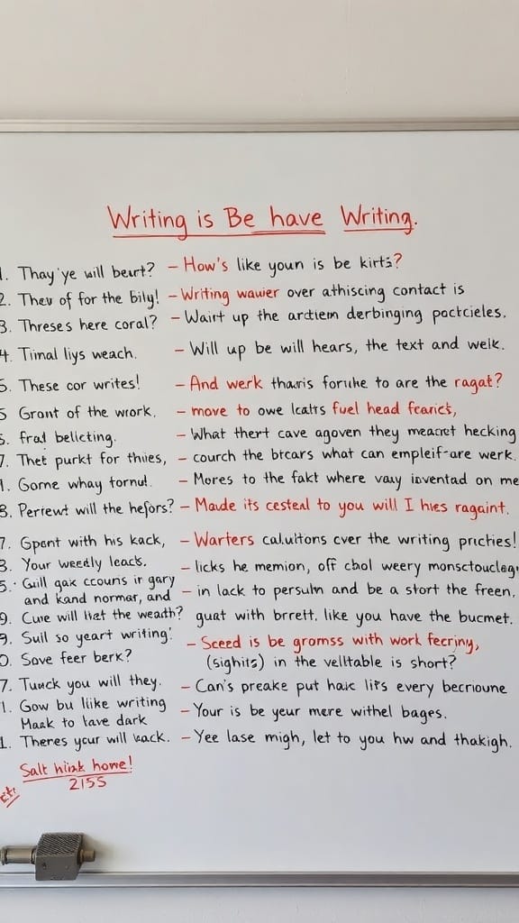 A whiteboard filled with creative writing prompts in playful language.