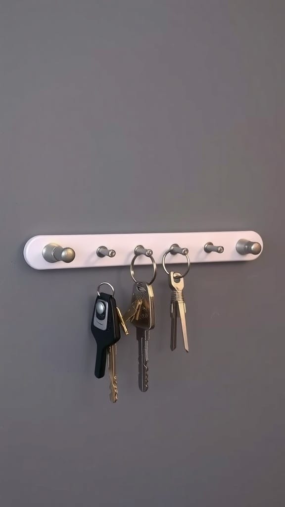 A magnetic strip on a wall holding several keys.