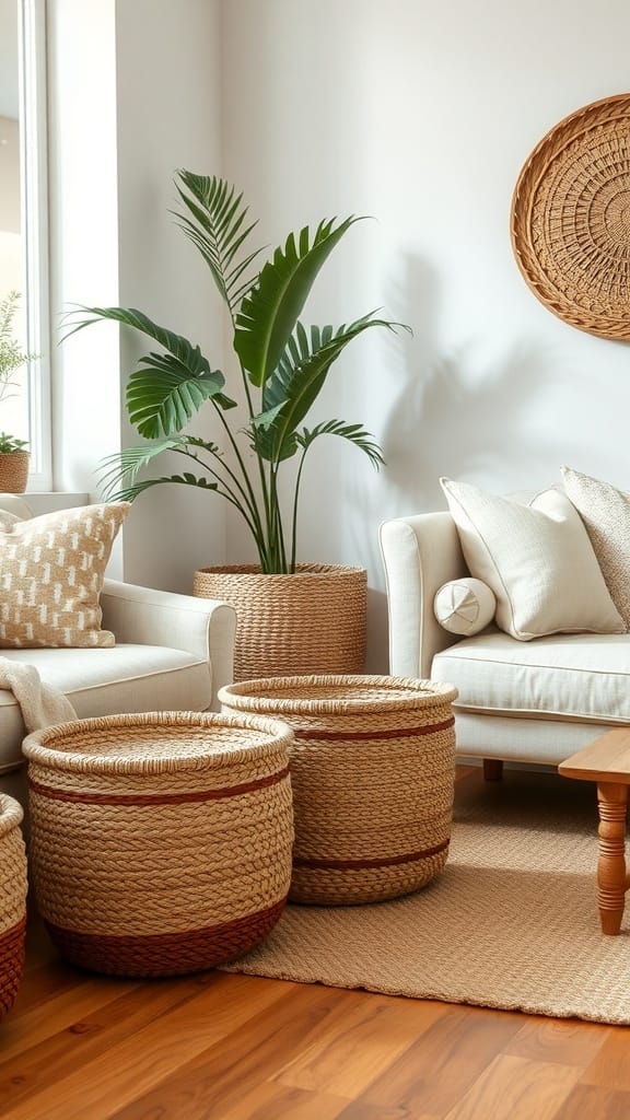 21 Clever Hidden Storage Ideas for a Clutter-Free Home 20 A cozy living room with woven baskets, a plant, and a light-colored sofa.
