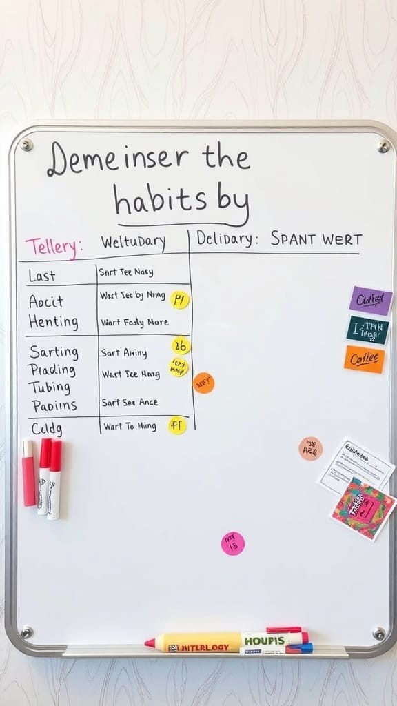 A whiteboard habit tracker with colorful markers and sticky notes.