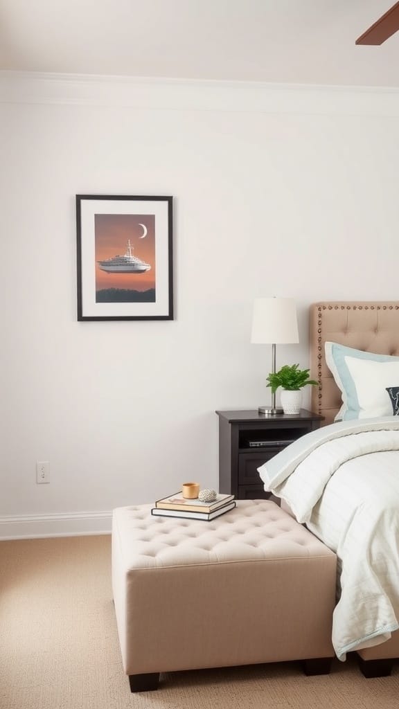 A stylish beige storage ottoman in a bedroom, providing extra seating and storage.