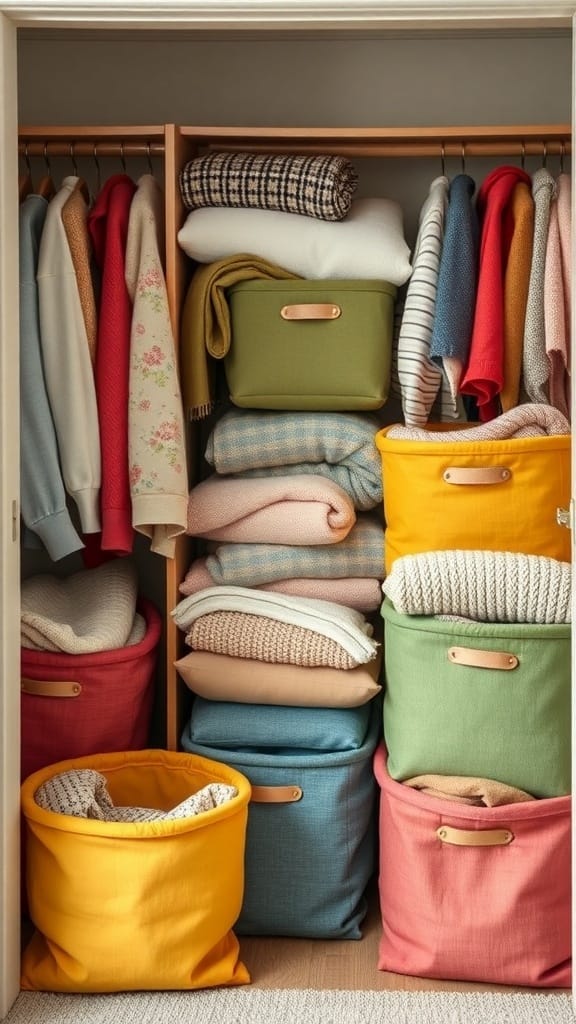 22 Genius Closet Organization Hacks You Need to Try 21 A closet organized with colorful fabric bins holding soft goods like blankets and sweaters.