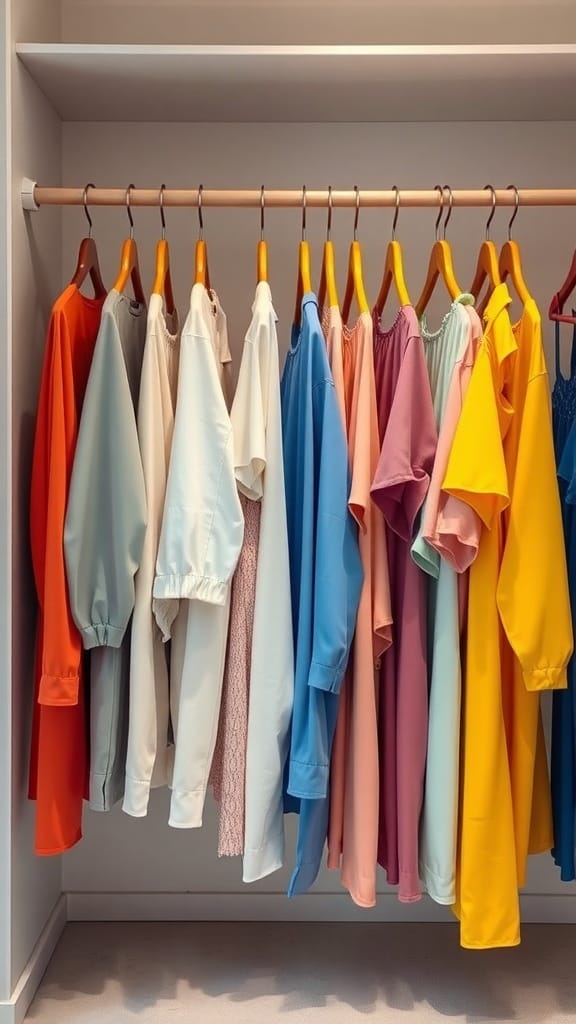 A neatly organized closet with colorful shirts on hangers