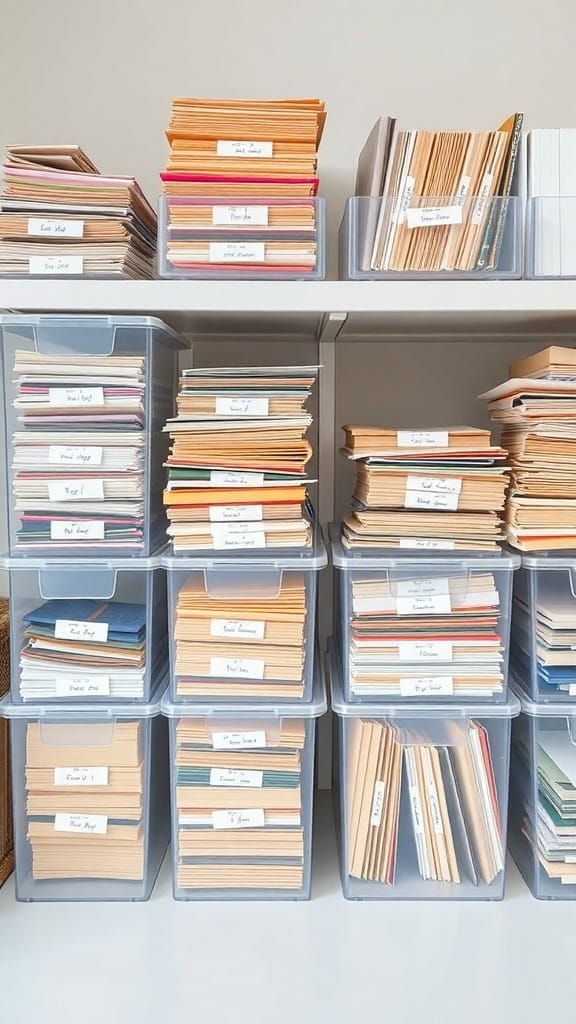 Clear storage bins filled with labeled folders on a shelf